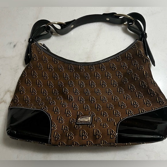 Dooney & Bourke Handbags - Dooney & Bourke Nikki Hobo Bag Signature Canvas Patent Leather Trim Black Brown